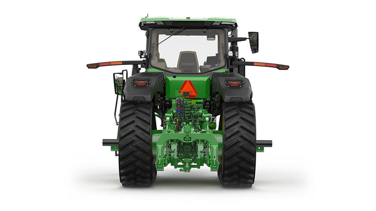 Rear-facing studio shot of a 2-tracked green tractor on a white background.