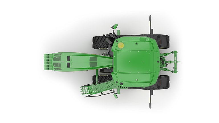 Top-facing studio shot of a 2-tracked green tractor on a white background.