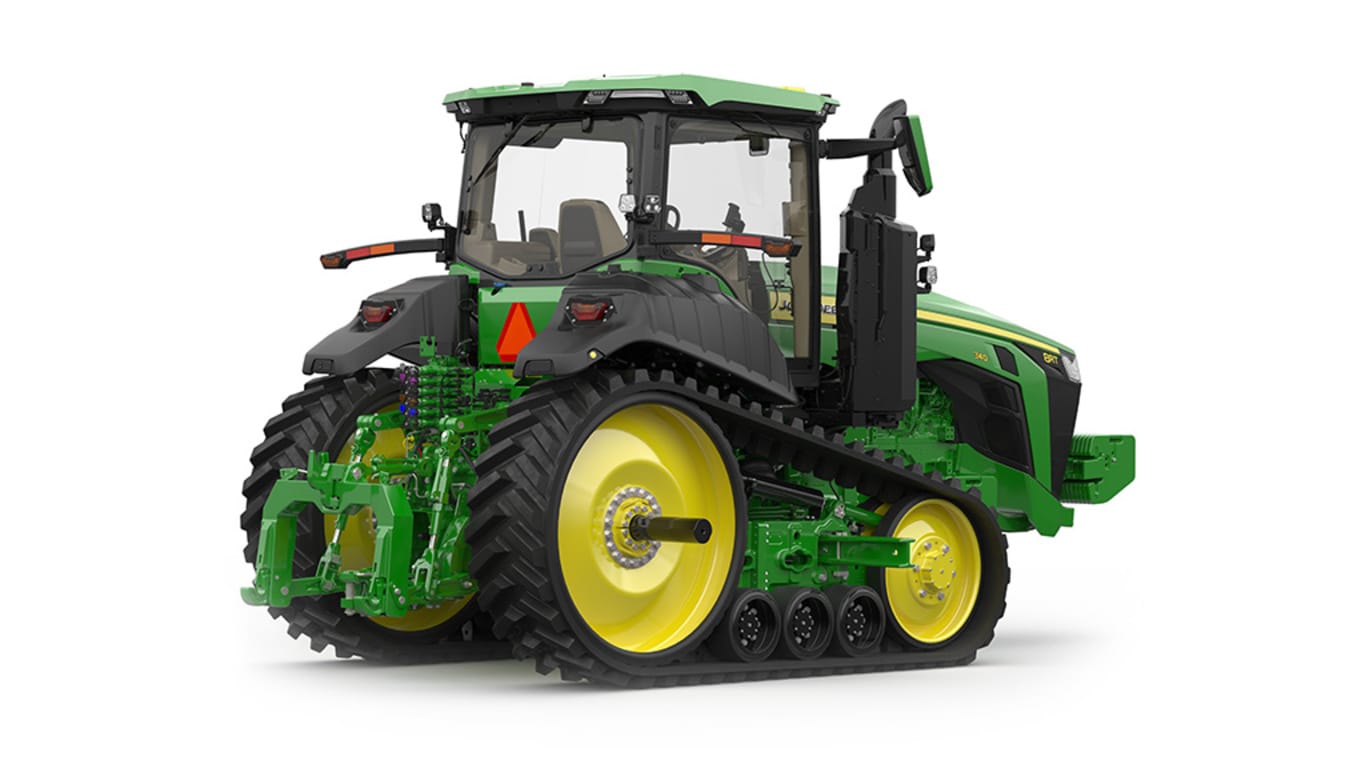 Image studio d'un tracteur vert à&nbsp;2&nbsp;chenilles vu de l'arrière droit sur fond blanc.