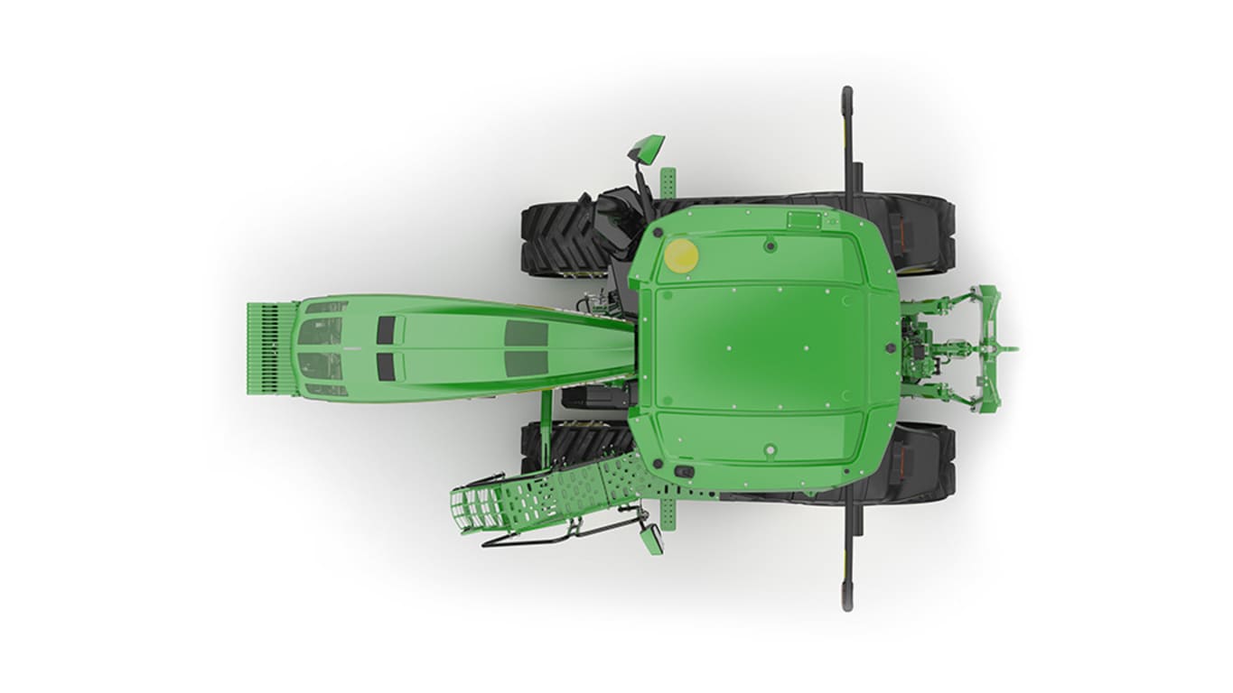 Image studio d'un tracteur vert à&nbsp;2&nbsp;chenilles vu du dessus sur fond blanc.