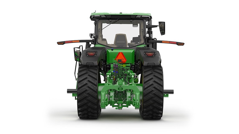 Image studio d'un tracteur vert à&nbsp;2&nbsp;chenilles vu de l'arrière sur fond blanc.