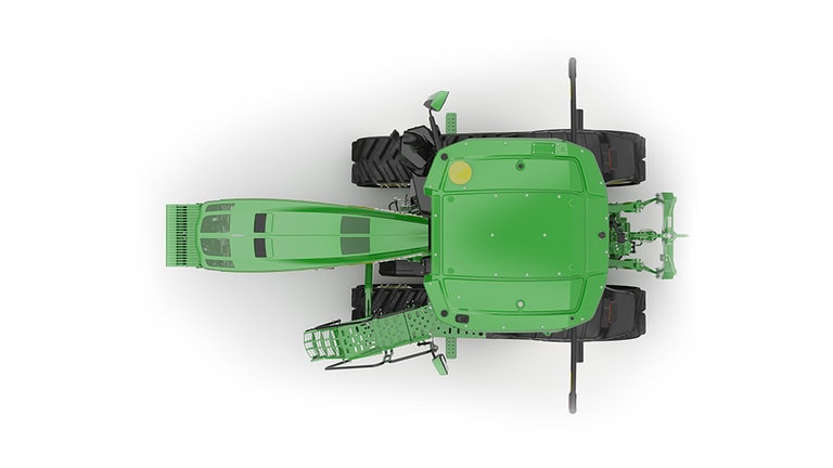 Top-facing studio shot of a 2-tracked green tractor on a white background.
