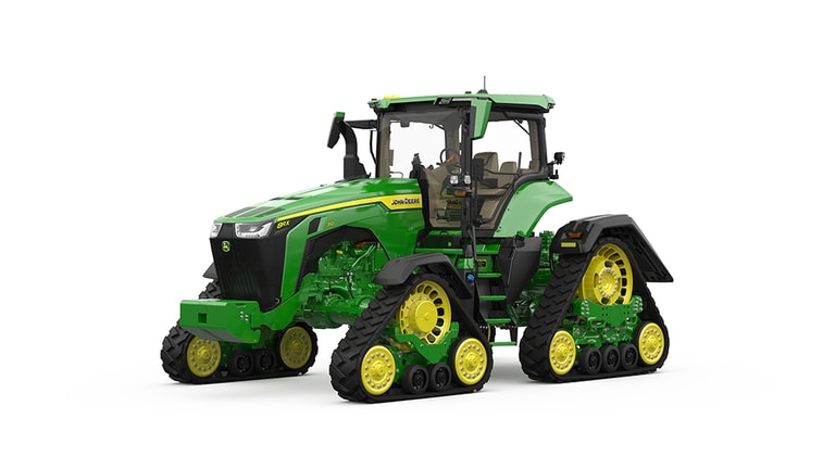 Front-left-facing studio shot of a 4-tracked green tractor on a white background.