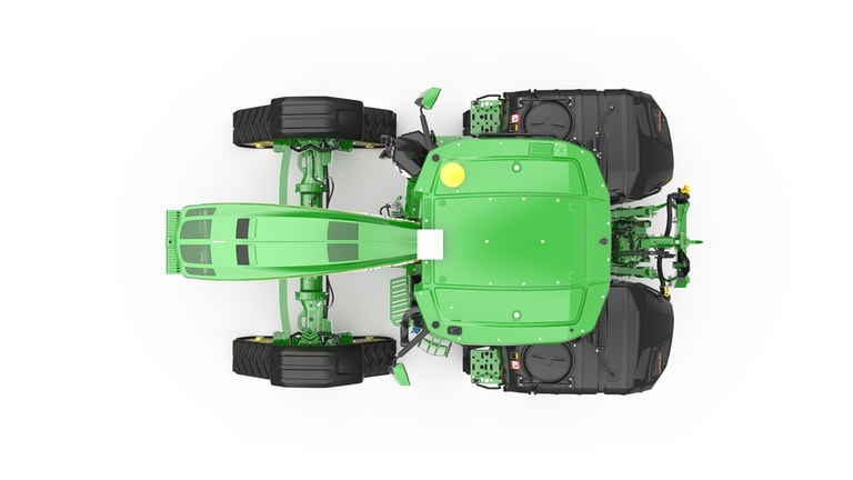 Image studio d'un tracteur vert à 4&nbsp;chenilles vu du dessus sur fond blanc.