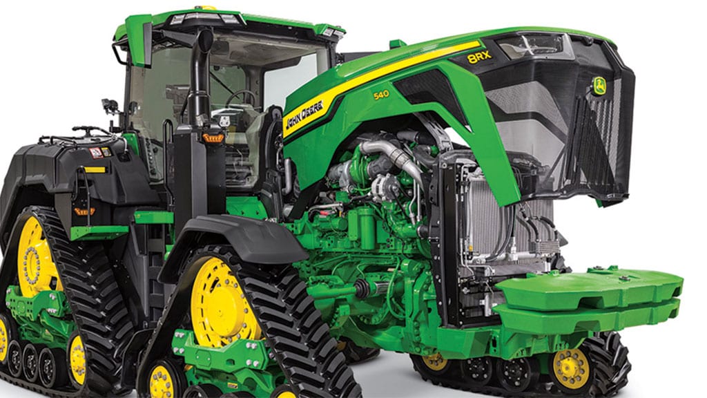Close up of the hood of a 8RX 540 Tractor displaying the JD14 (13.6 L) Engine