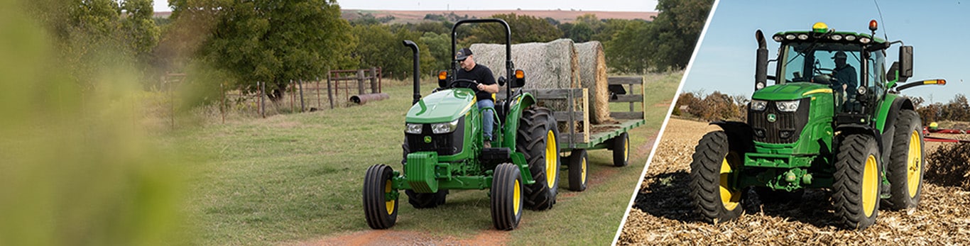 Un tracteur utilitaire John Deere 5050E à poste de conduite ouvert transportant des balles de foin à côté d’un tracteur utilitaire John Deere de la série 6R.