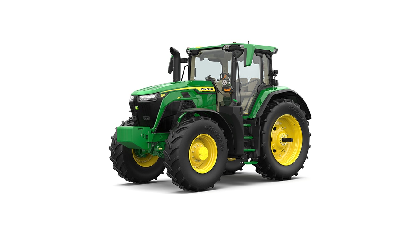 Studio shot of a front-left-facing cabbed green tractor on a white background.