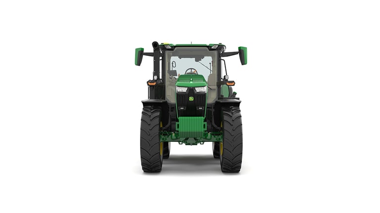 Studio shot of a front-facing cabbed green tractor on a white background.
