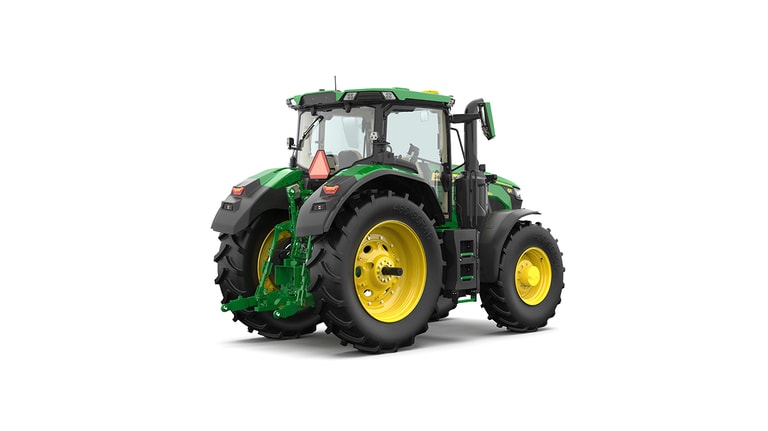 Studio shot of a rear-right-facing cabbed green tractor on a white background.