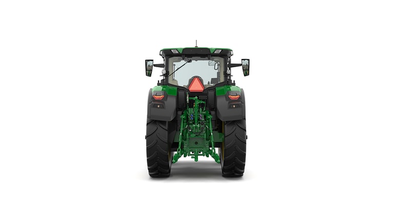 Studio shot of a rear-facing cabbed green tractor on a white background.