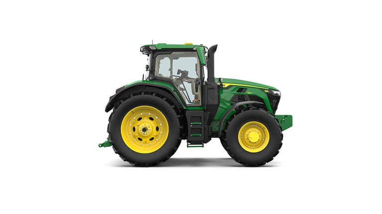 Studio shot of a right-facing cabbed green tractor on a white background.