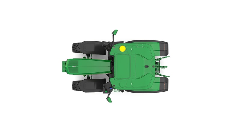 Studio shot of a top-facing cabbed green tractor on a white background.
