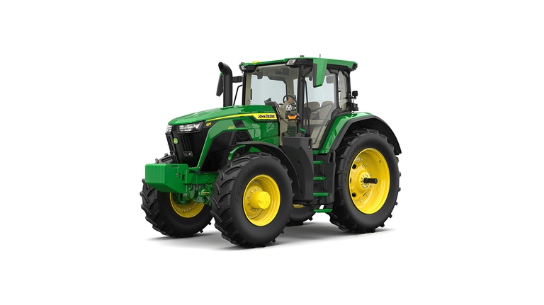 Studio shot of a front-left-facing cabbed green tractor on a white background.