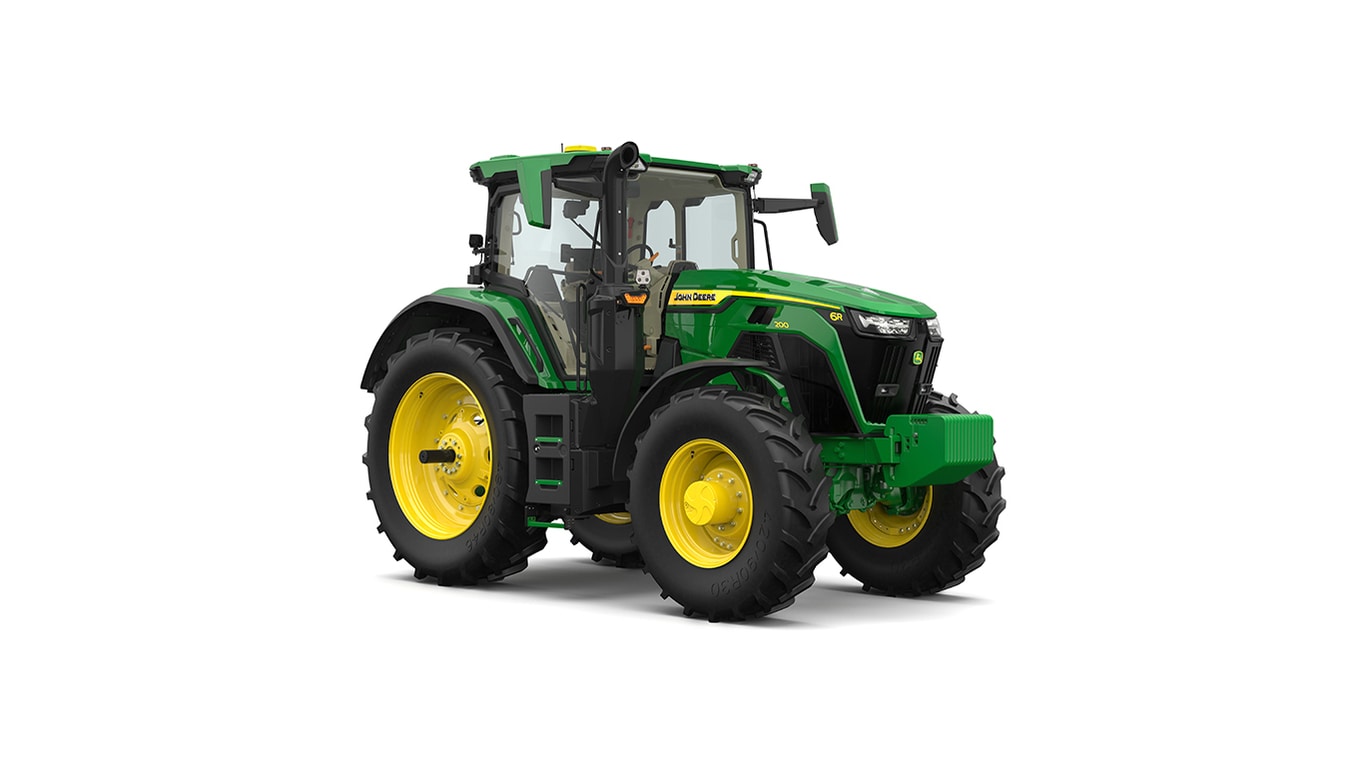 Studio shot of a front-right-facing cabbed green tractor on a white background.