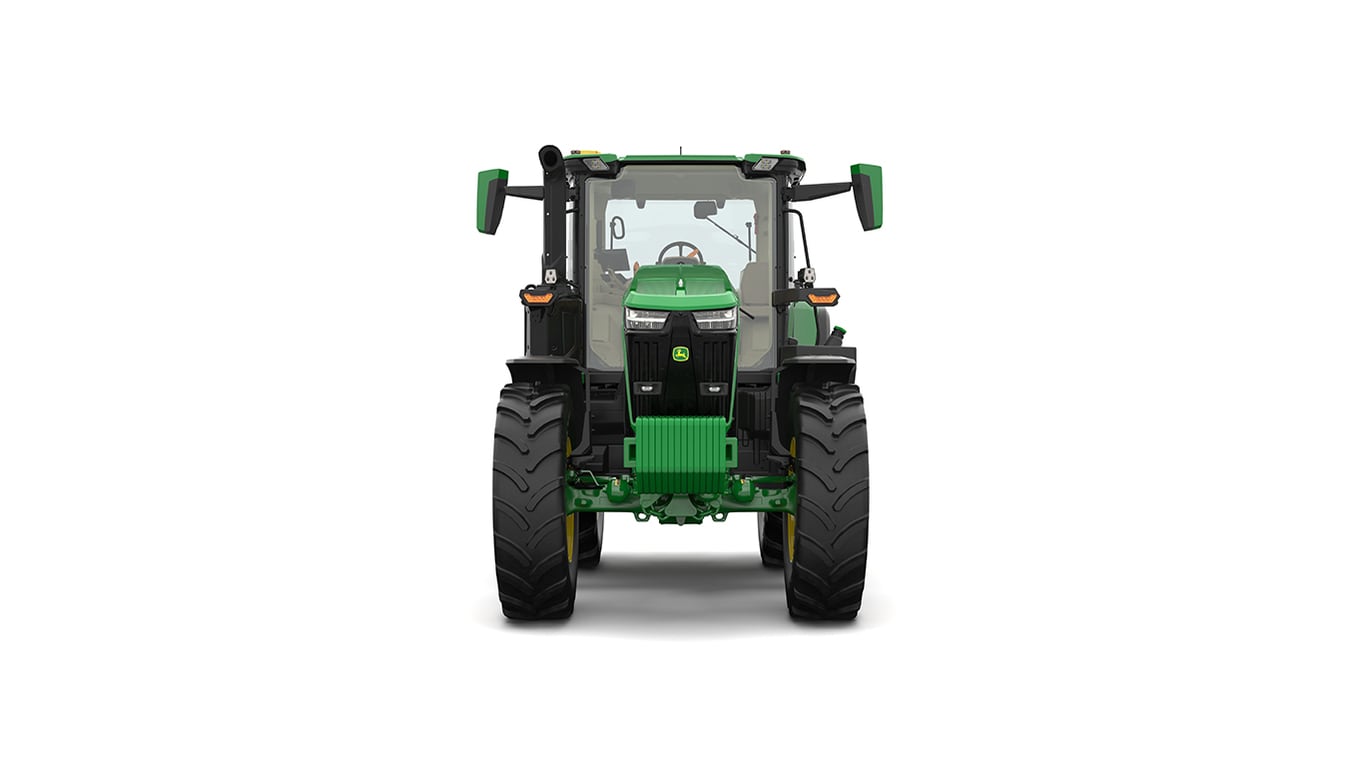 Studio shot of a front-facing cabbed green tractor on a white background.