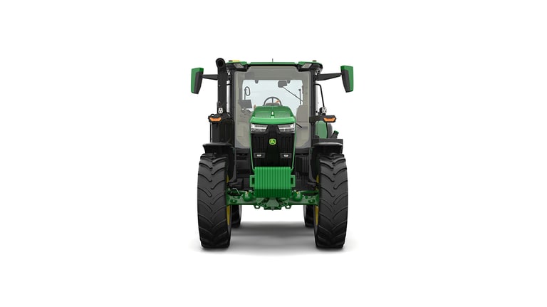 Studio shot of a front-facing cabbed green tractor on a white background.