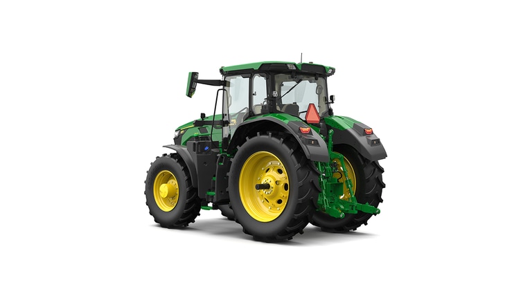 Studio shot of a rear-left-facing cabbed green tractor on a white background.