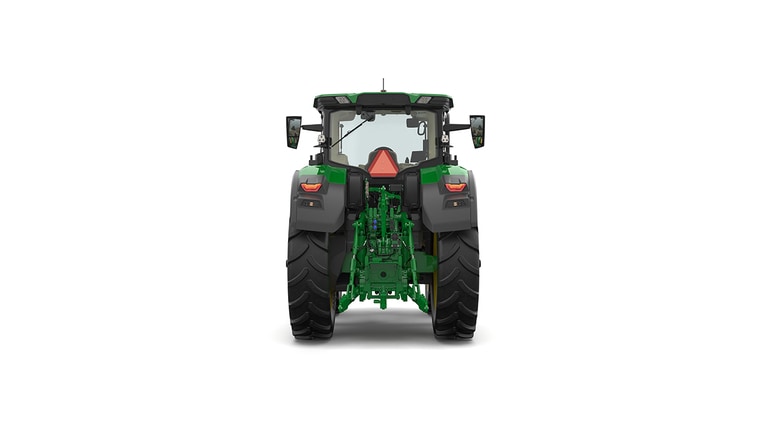 Studio shot of a rear-facing cabbed green tractor on a white background.