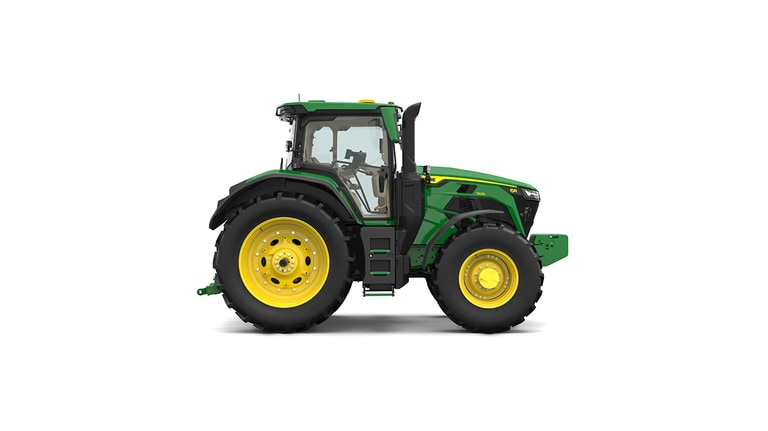 Studio shot of a right-facing cabbed green tractor on a white background.