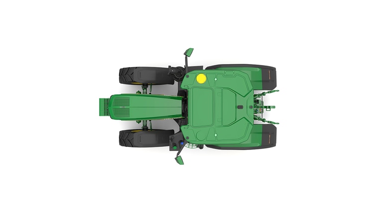 Studio shot of a top-facing cabbed green tractor on a white background.
