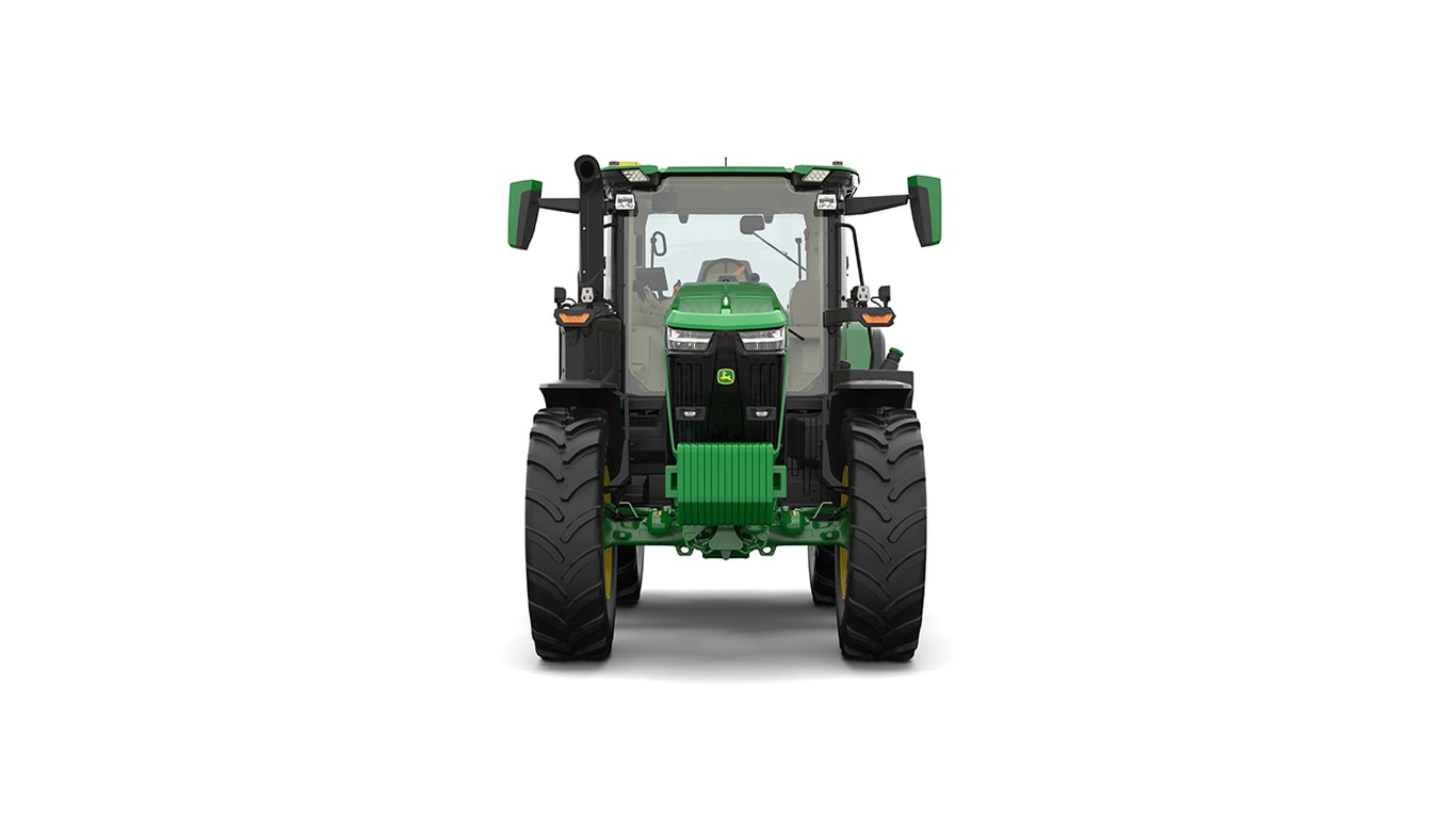 Studio shot of a front-facing cabbed green tractor on a white background.