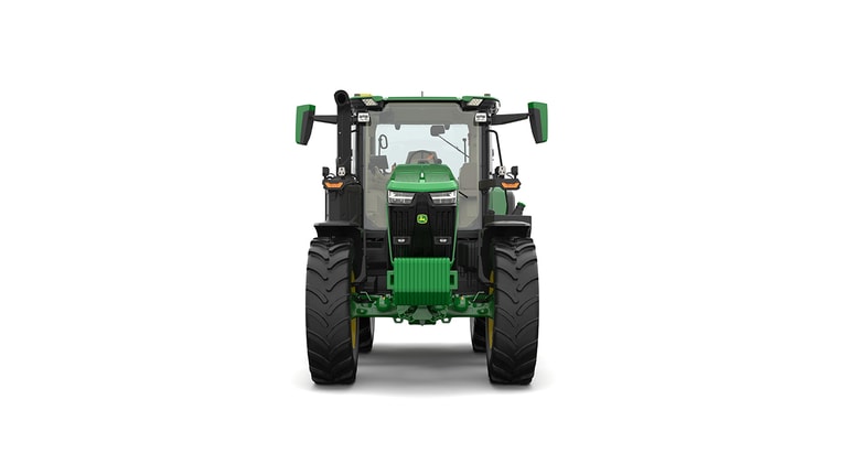 Studio shot of a front-facing cabbed green tractor on a white background.