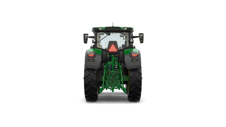 Studio shot of a rear-facing cabbed green tractor on a white background.