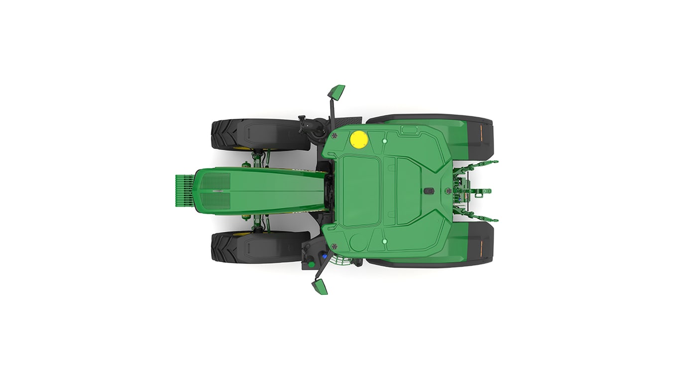 Studio shot of a top-facing cabbed green tractor on a white background.