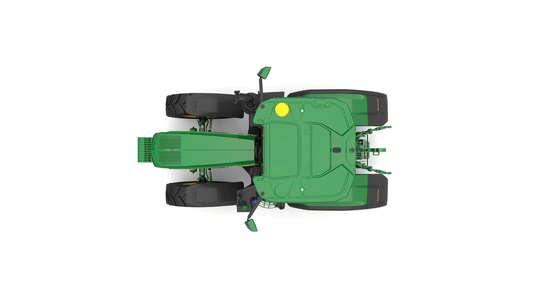 Studio shot of a top-facing cabbed green tractor on a white background.