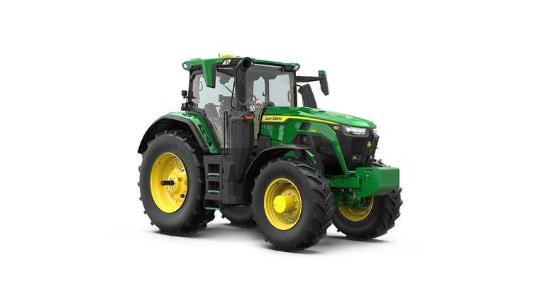 Studio shot of a front-right-facing cabbed green tractor on a white background.