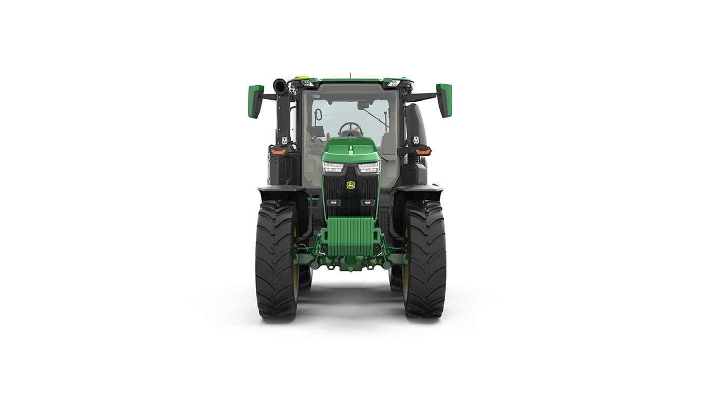 Studio shot of a front-facing cabbed green tractor on a white background.