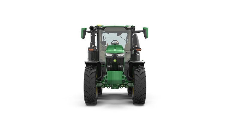 Studio shot of a front-facing cabbed green tractor on a white background.