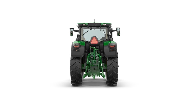 Studio shot of a rear-facing cabbed green tractor on a white background.
