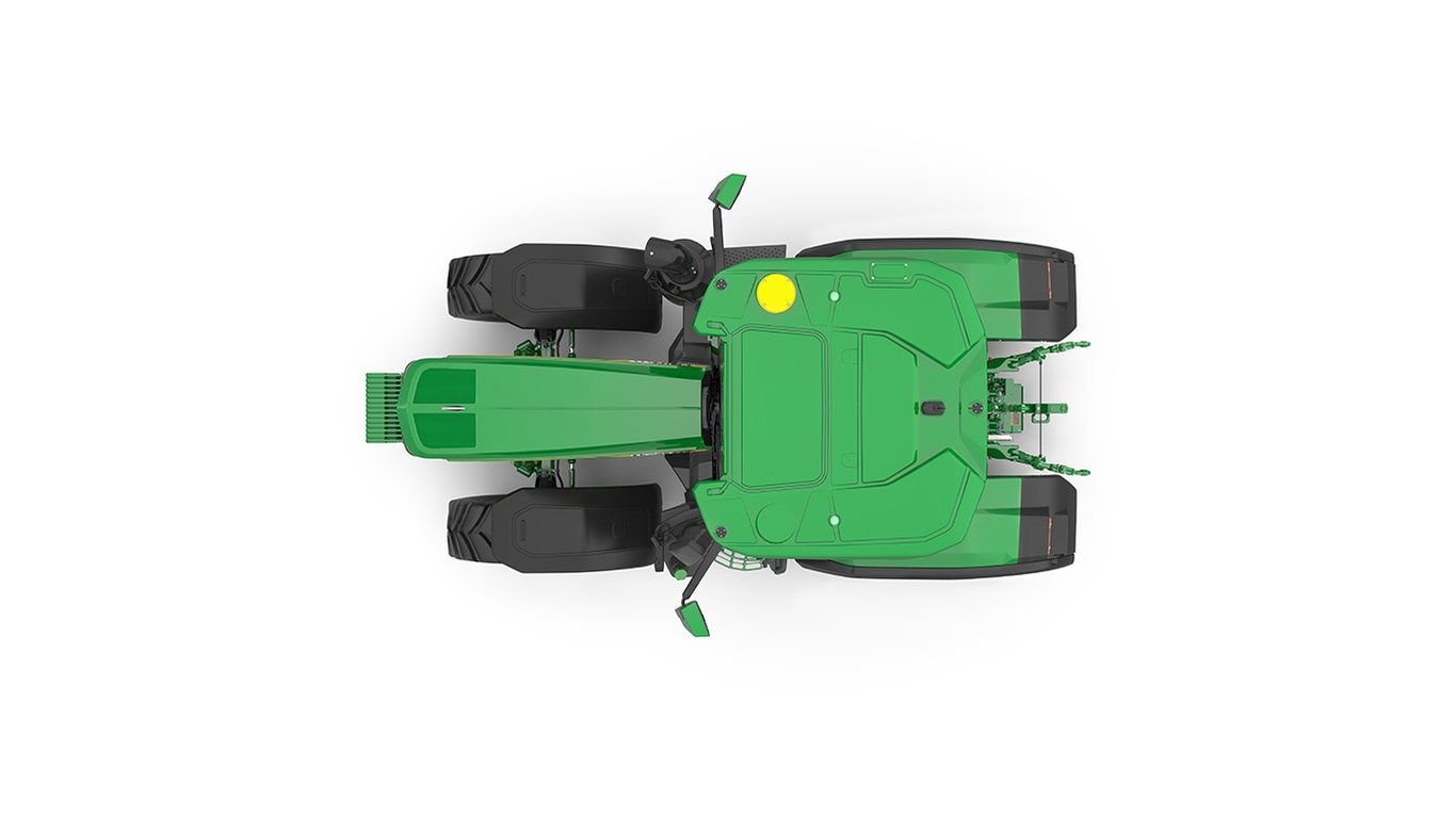 Studio shot of a top-facing cabbed green tractor on a white background.