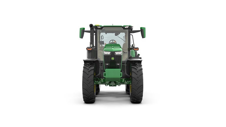 Studio shot of a front-facing cabbed green tractor on a white background.