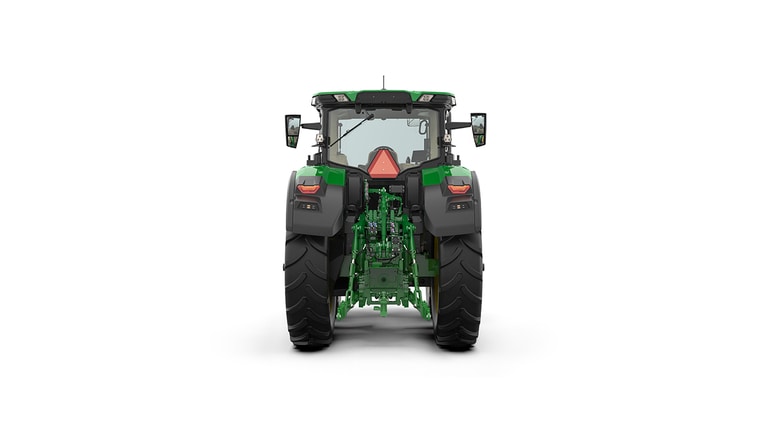 Studio shot of a rear-facing cabbed green tractor on a white background.
