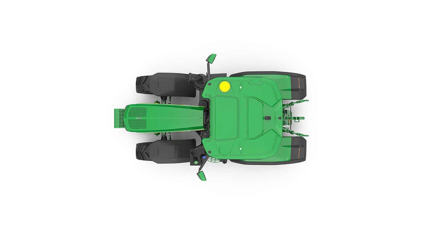 Studio shot of a top-facing cabbed green tractor on a white background.