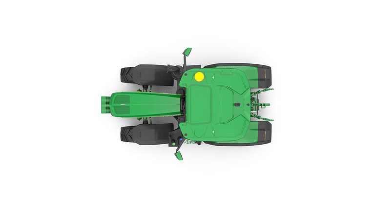 Studio shot of a top-facing cabbed green tractor on a white background.