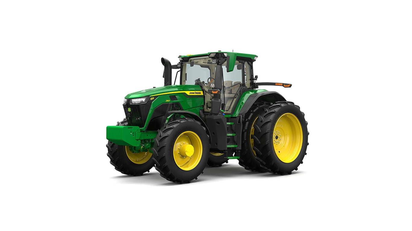 Studio shot of a front-left-facing cabbed green tractor on a white background.
