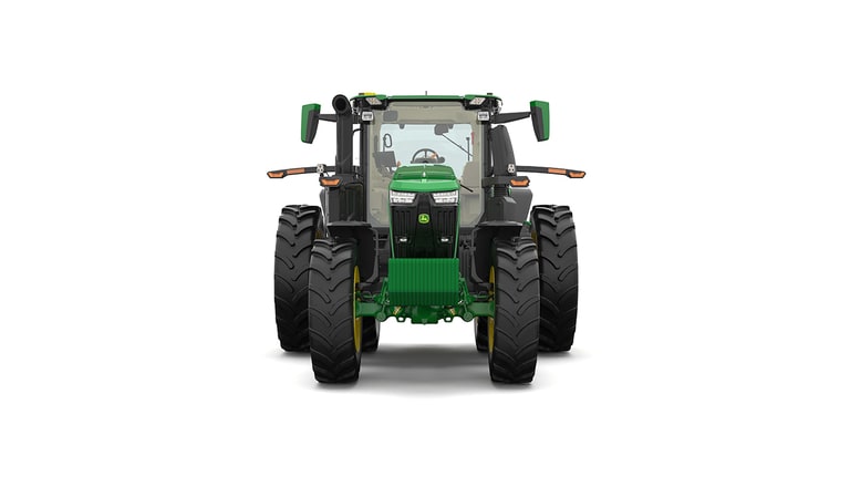 Studio shot of a front-facing cabbed green tractor on a white background.