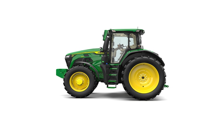 Studio shot of a left-facing cabbed green tractor on a white background.