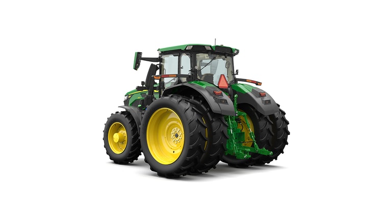 Studio shot of a rear-left-facing cabbed green tractor on a white background.