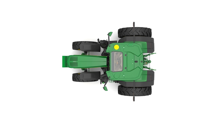 Studio shot of a top-facing cabbed green tractor on a white background.