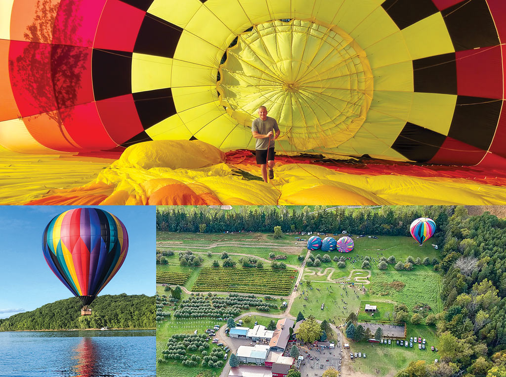 inside a balloon, balloon over lake, and arial shot of a field