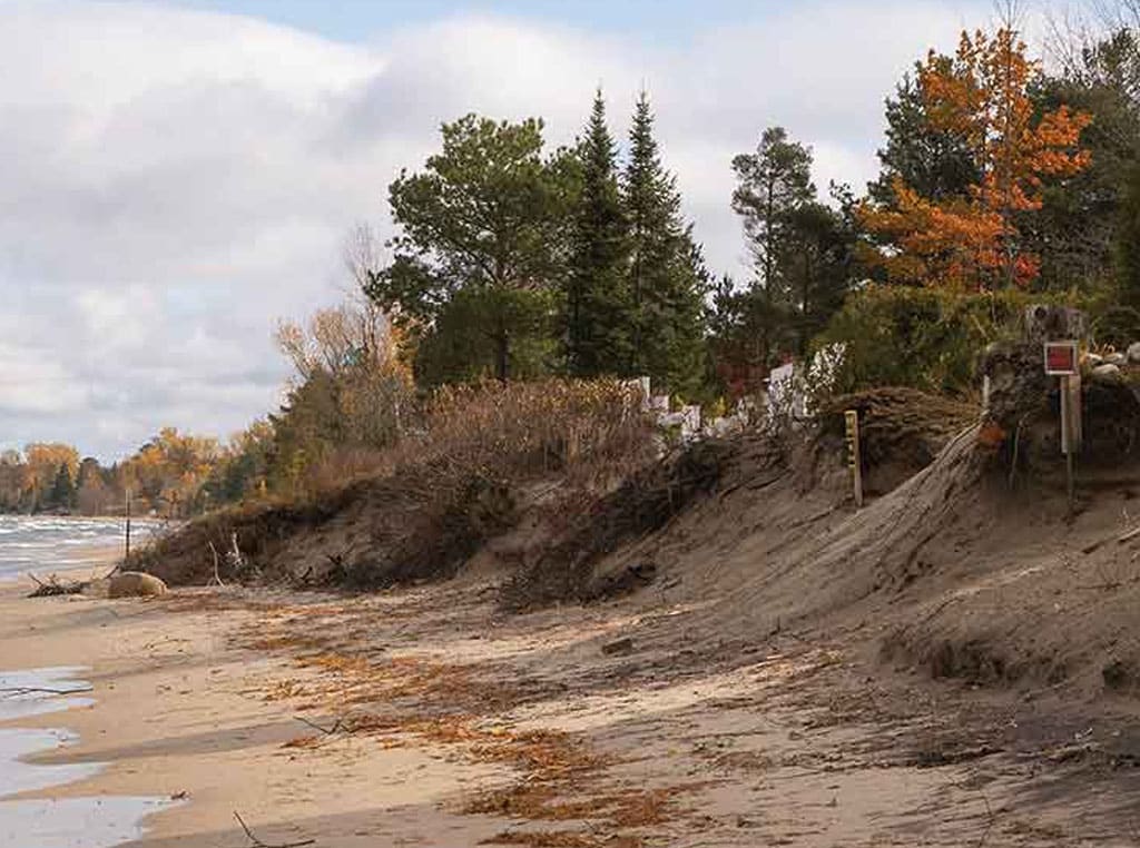 Photo of bank of lake where erosion has hit