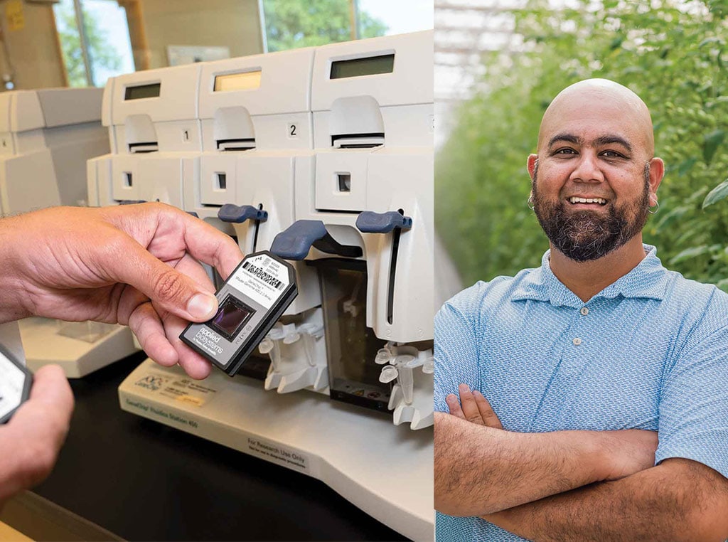gene sequencing machinery and man smiling with arms crossed