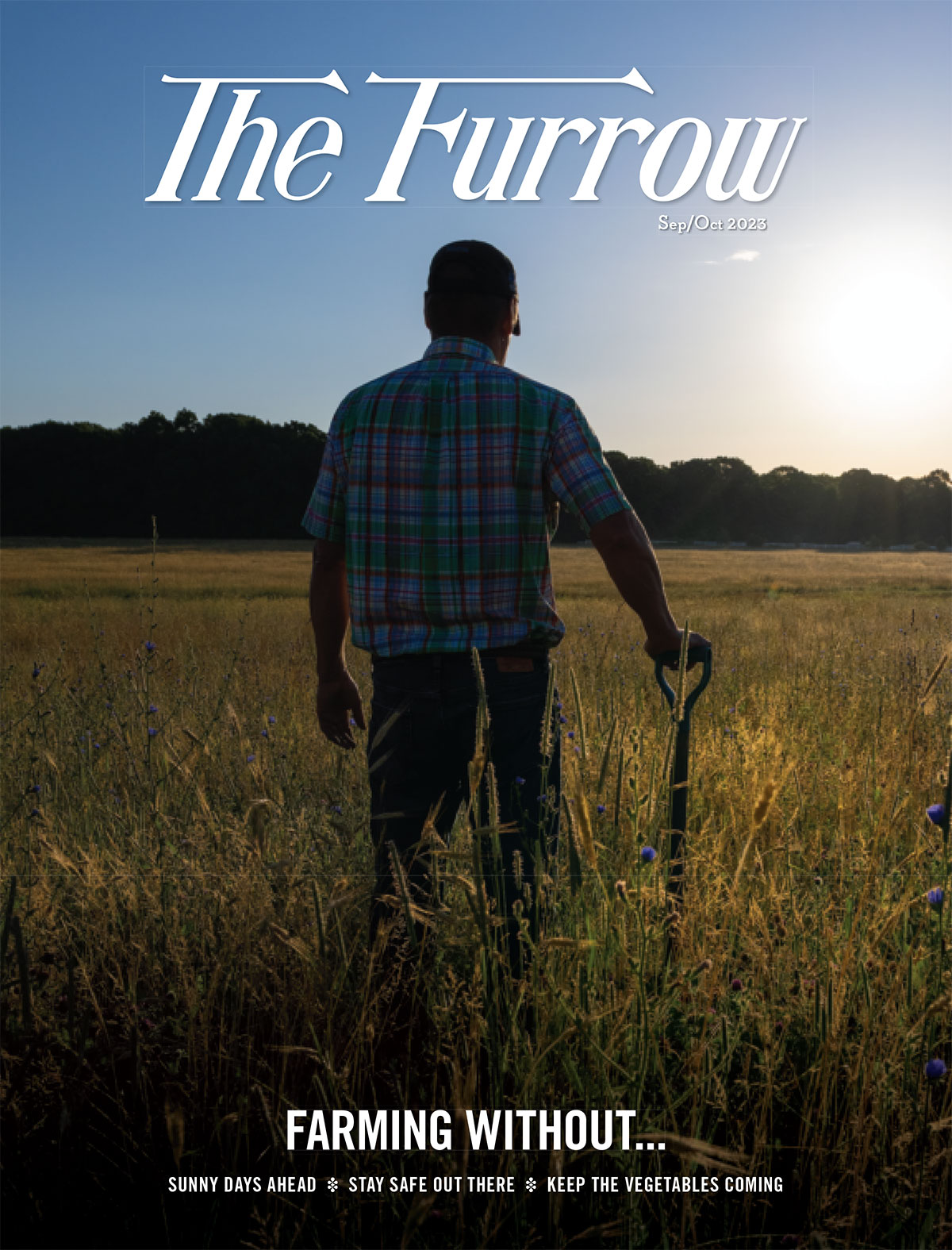 person standing in a field with hand resting on shovel