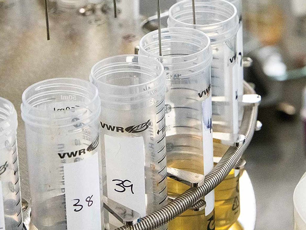 hypodermic needles pointing into plastic vials in a conveyor