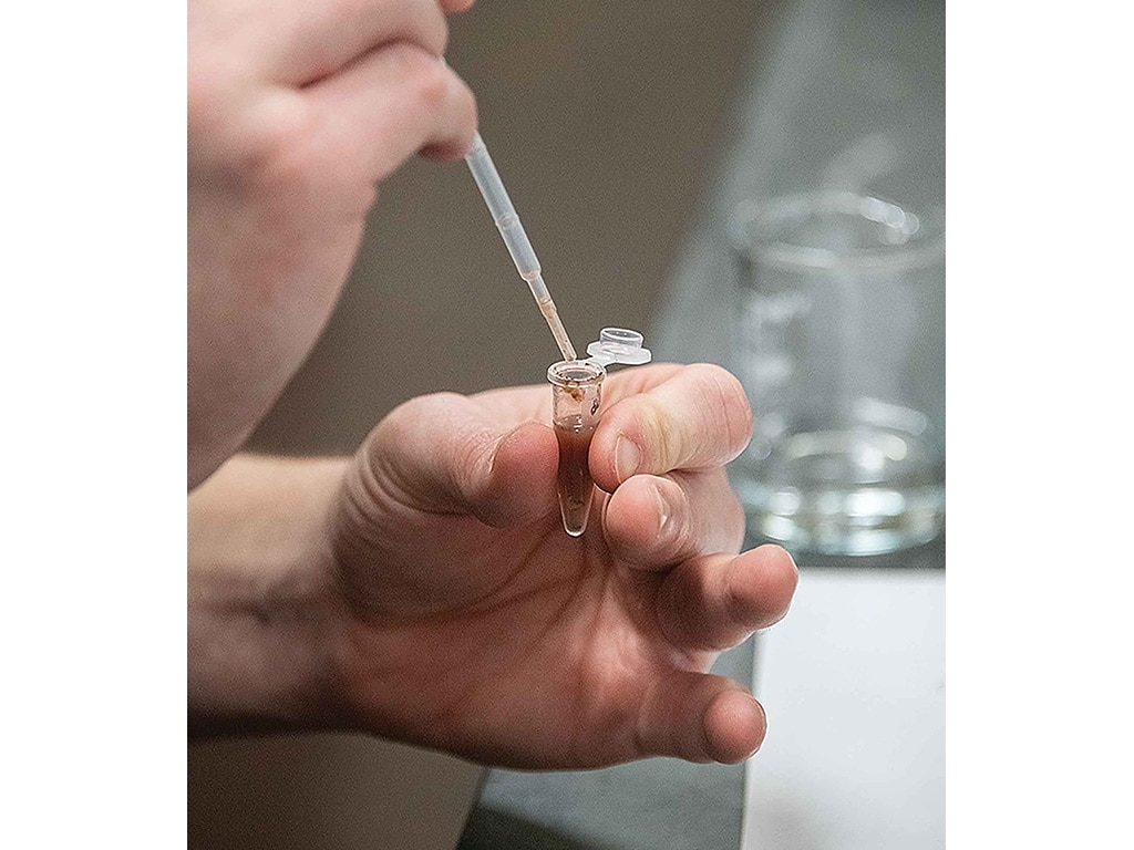 person's hand holding a hypodermic needle pointing into plastic vial