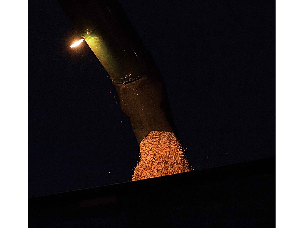 Chargement de céréales dans un semi-remorque à la noirceur, sous un projecteur